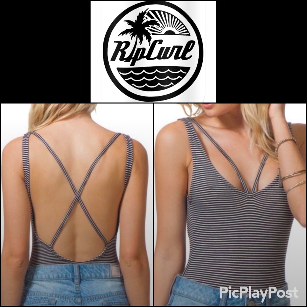 Strappy Monochrome BLACK & WHITE Striped Rip Curl No Snaps Bodysuit Small EUC S
